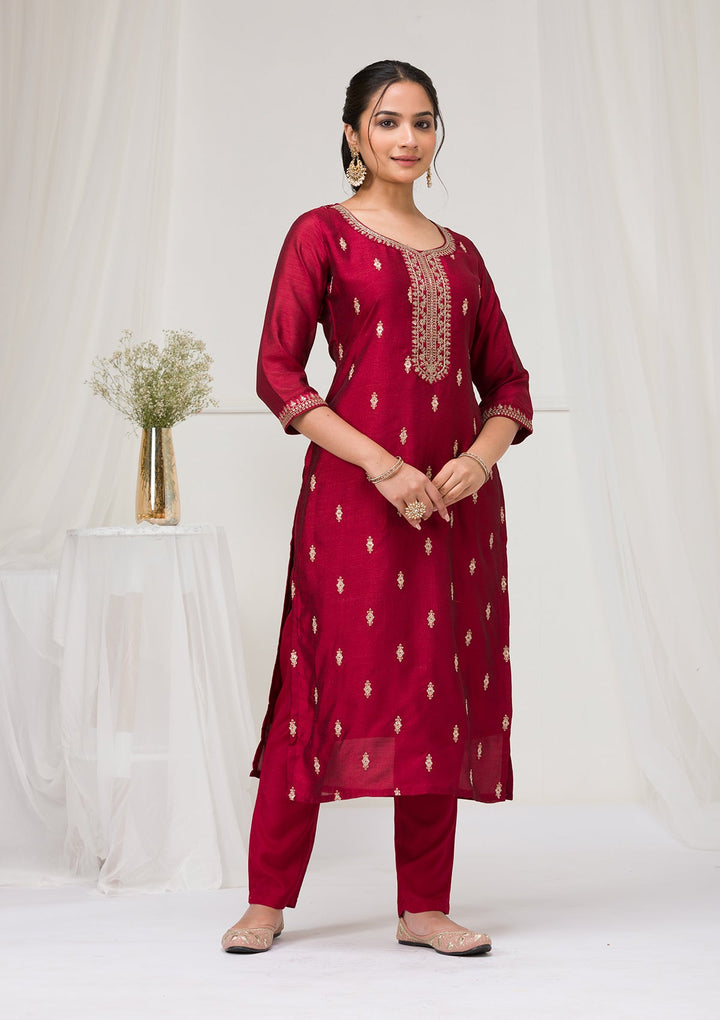 Maroon Sequins Raw Silk Readymade Salwar Suit-Koskii