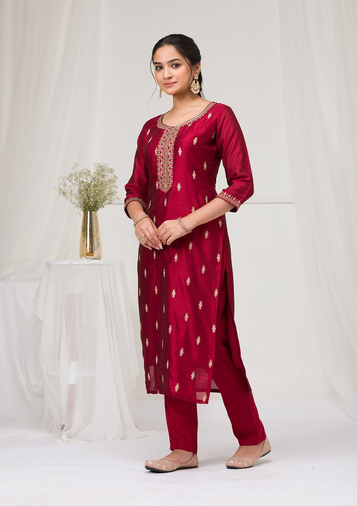 Maroon Sequins Raw Silk Readymade Salwar Suit-Koskii