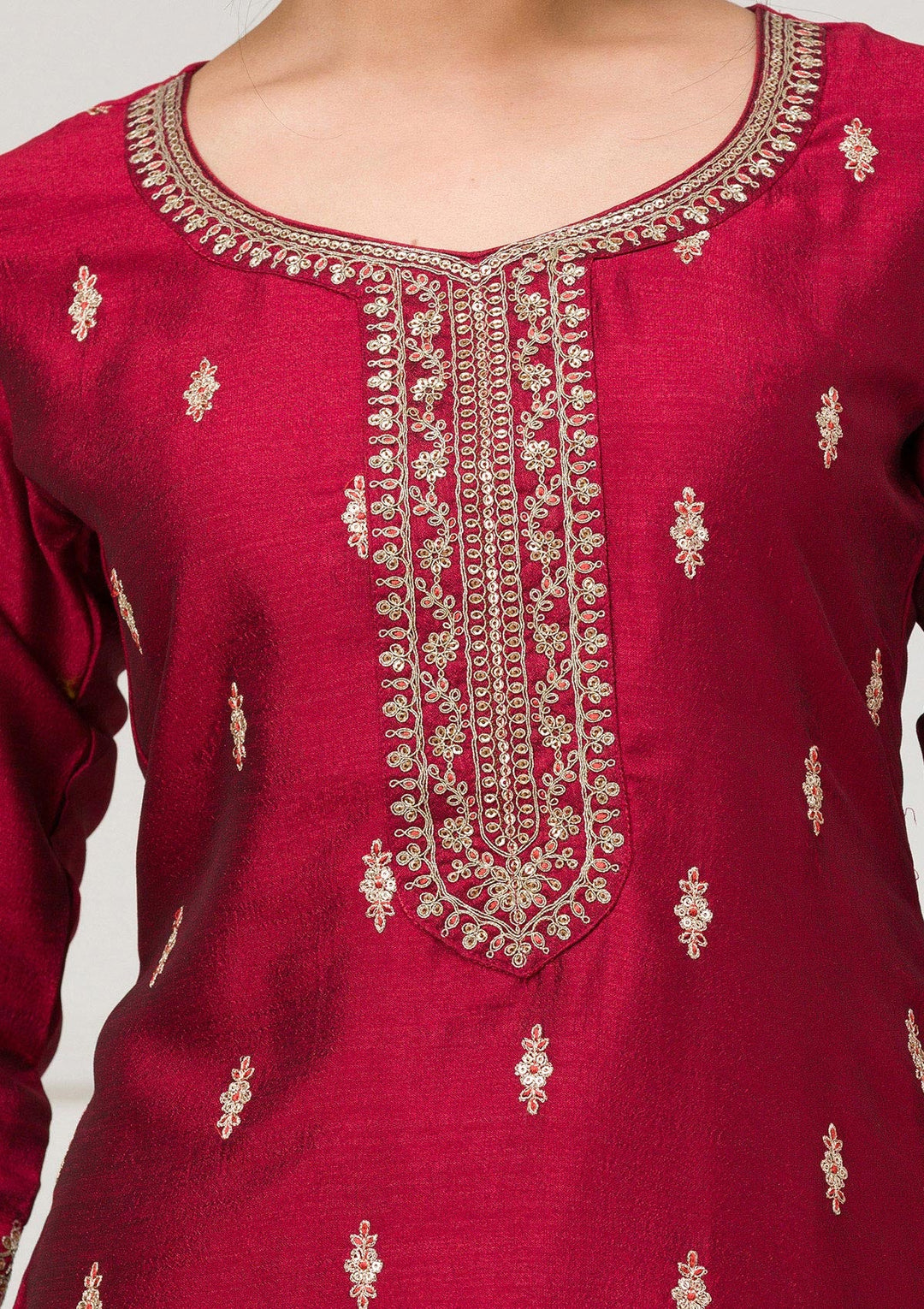 Maroon Sequins Raw Silk Readymade Salwar Suit-Koskii