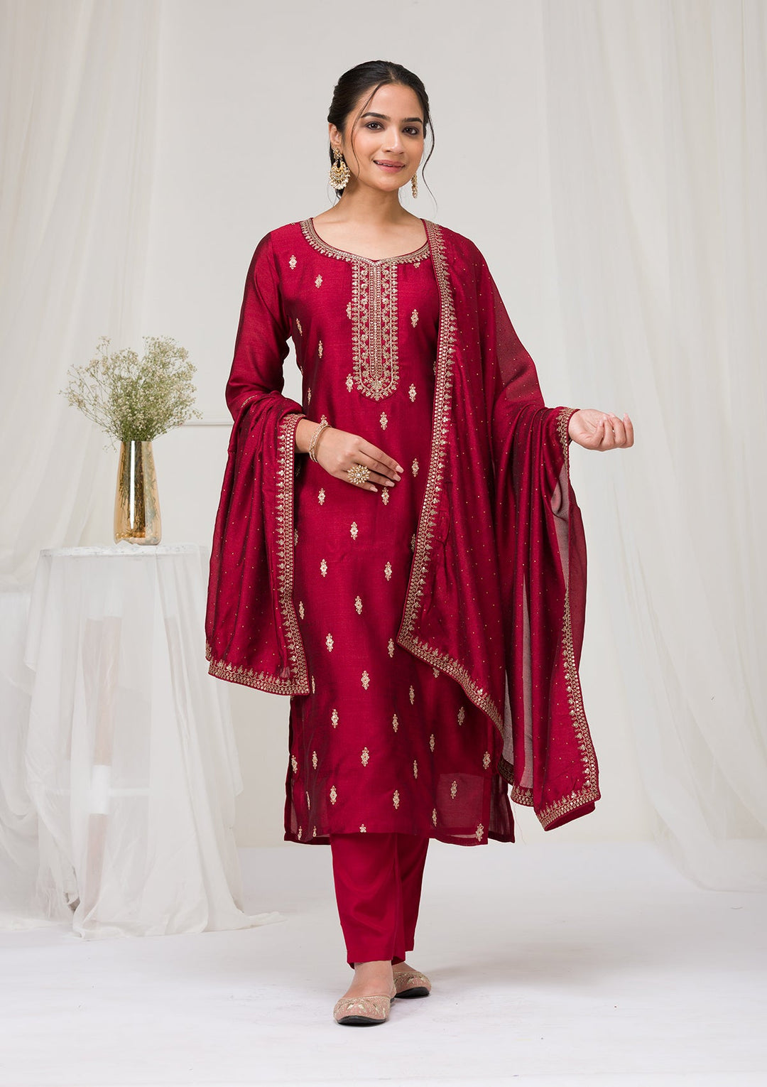 Maroon Sequins Raw Silk Readymade Salwar Suit-Koskii
