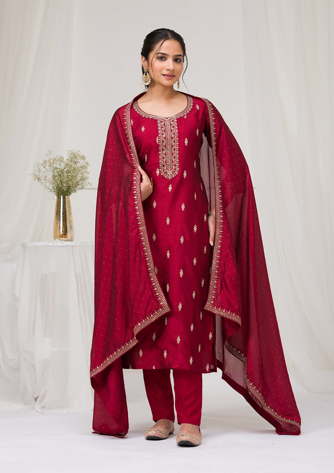 Maroon Sequins Raw Silk Readymade Salwar Suit-Koskii