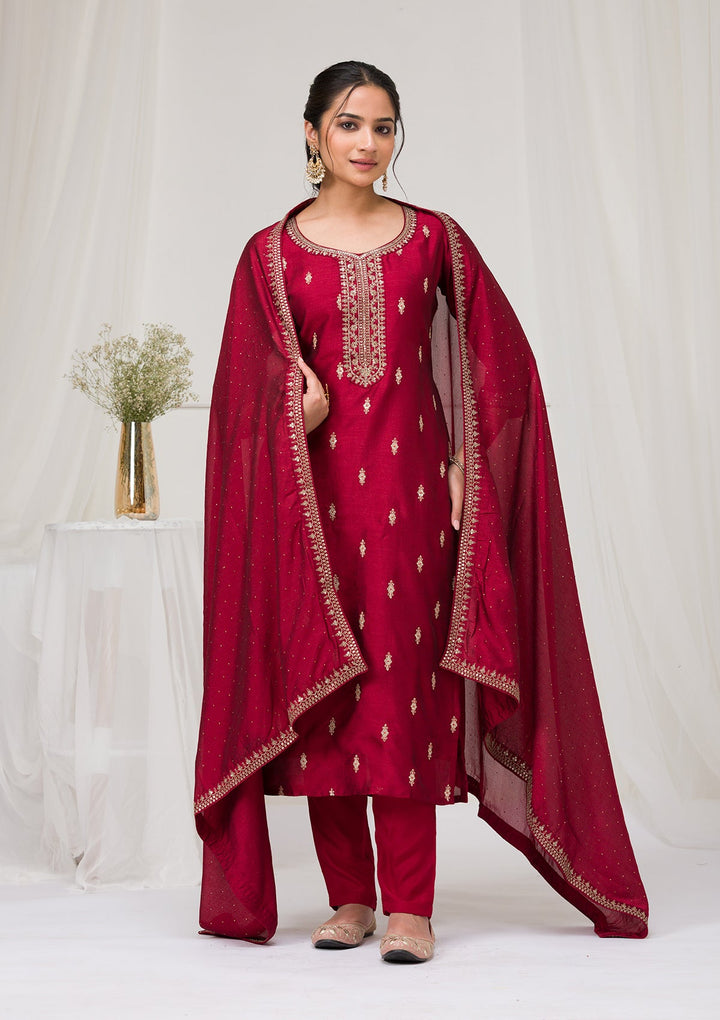 Maroon Sequins Raw Silk Readymade Salwar Suit-Koskii