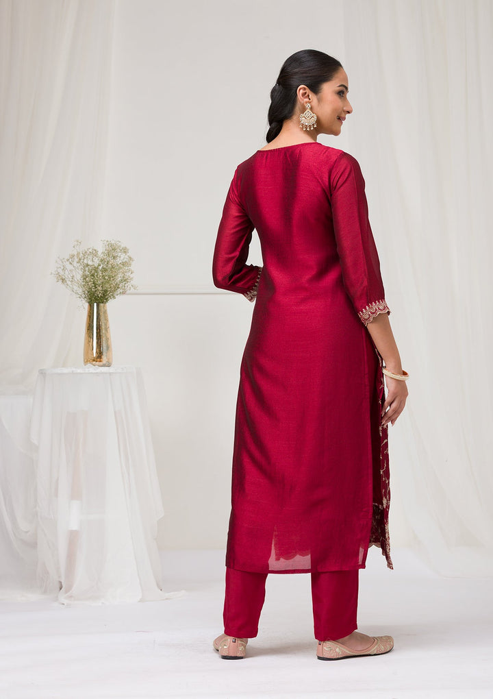 Maroon Threadwork Raw Silk Readymade Salwar Suit-Koskii