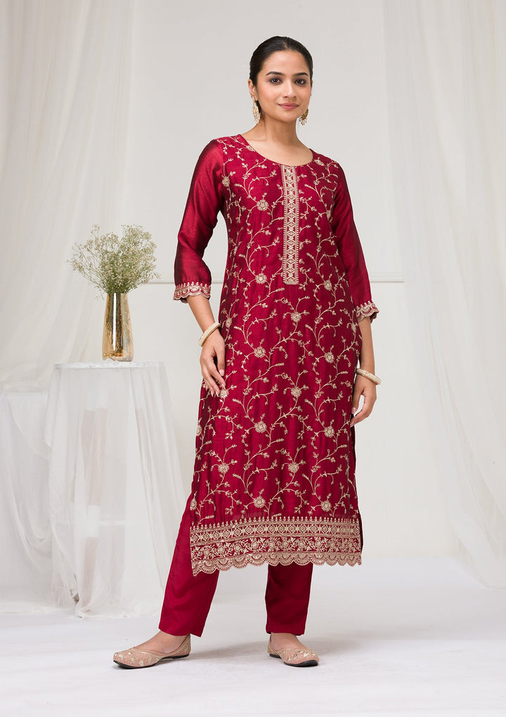 Maroon Threadwork Raw Silk Readymade Salwar Suit-Koskii