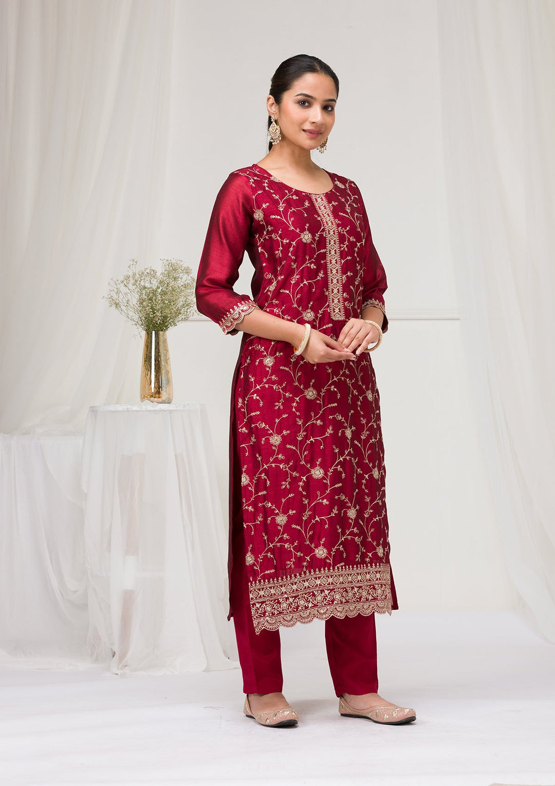 Maroon Threadwork Raw Silk Readymade Salwar Suit-Koskii