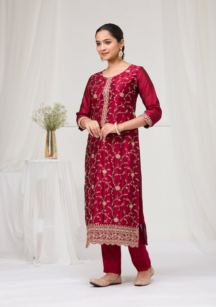 Maroon Threadwork Raw Silk Readymade Salwar Suit-Koskii