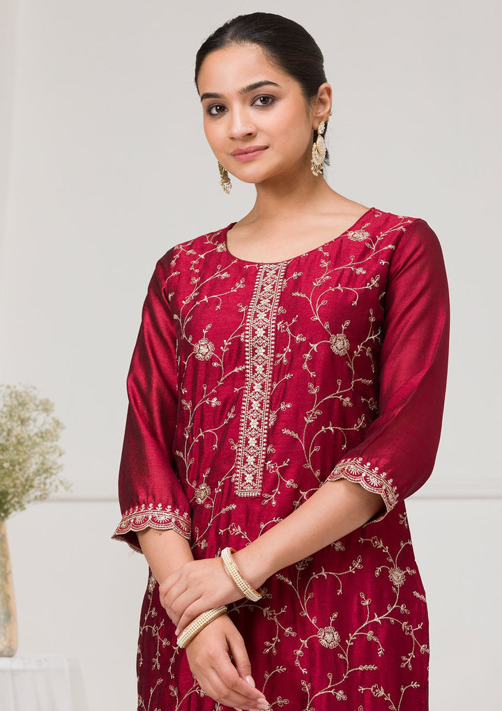 Maroon Threadwork Raw Silk Readymade Salwar Suit-Koskii
