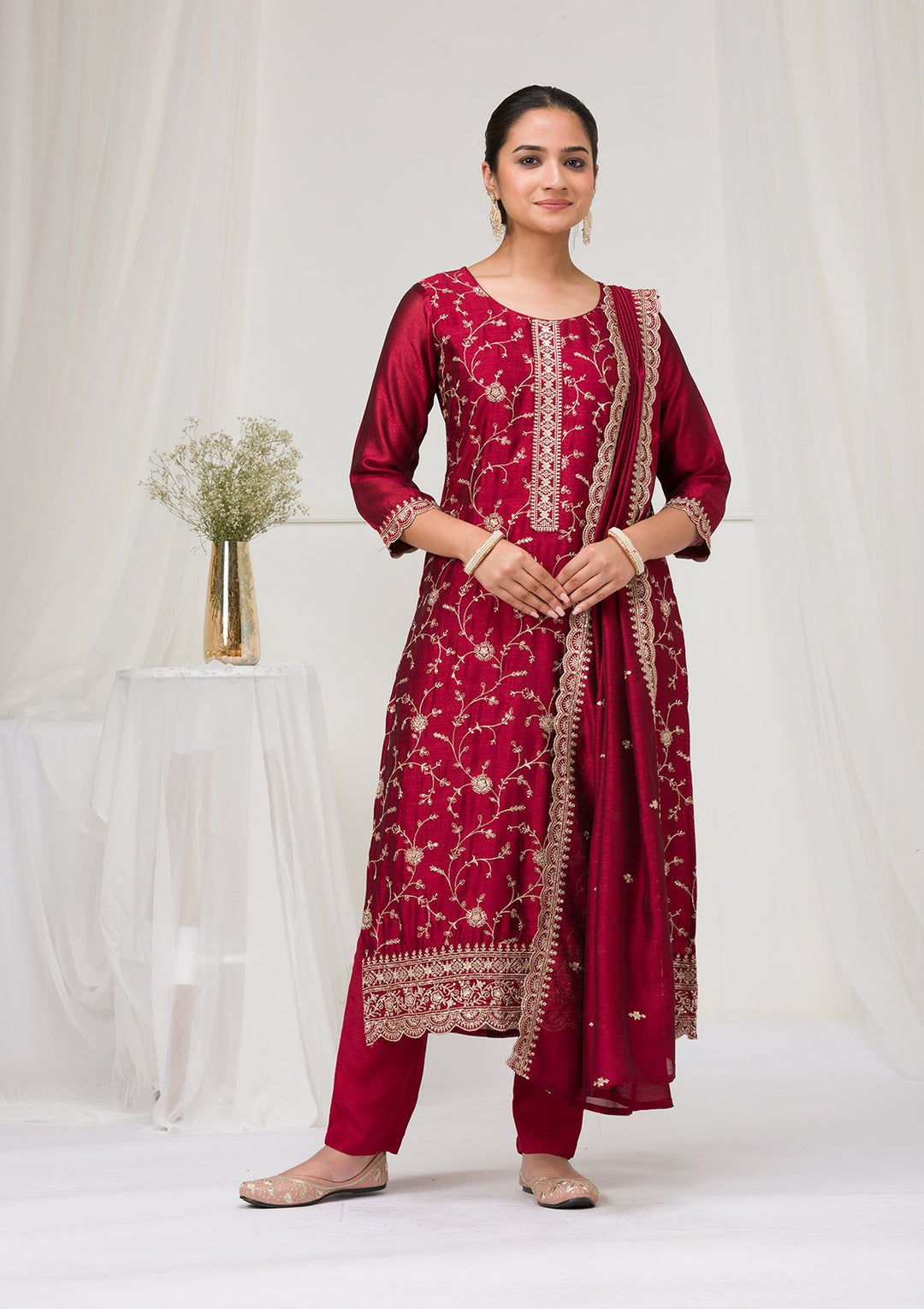 Maroon Threadwork Raw Silk Readymade Salwar Suit-Koskii