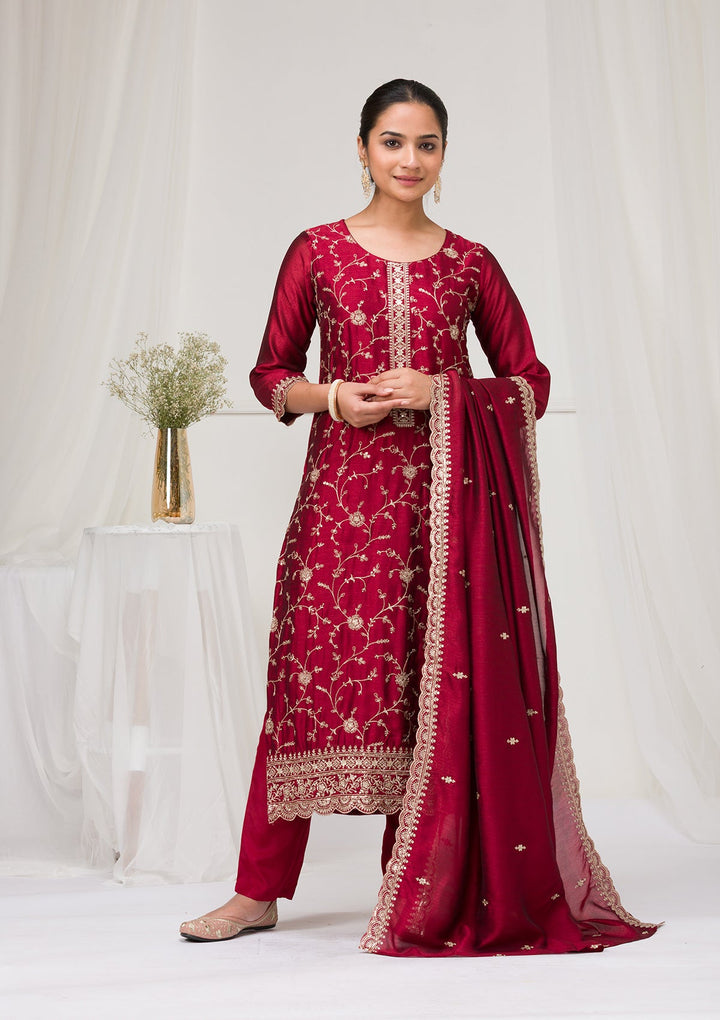 Maroon Threadwork Raw Silk Readymade Salwar Suit-Koskii