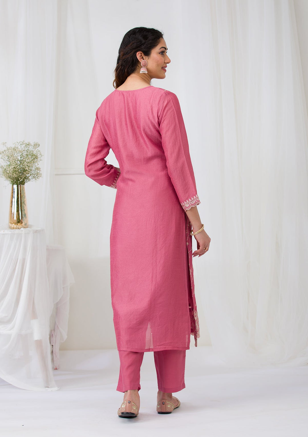 Onion Pink Threadwork Raw Silk Readymade Salwar Suit-Koskii