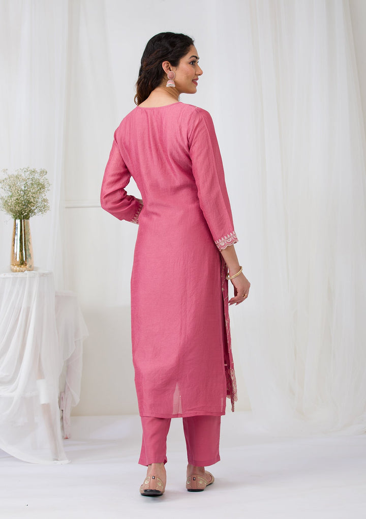 Onion Pink Threadwork Raw Silk Readymade Salwar Suit-Koskii