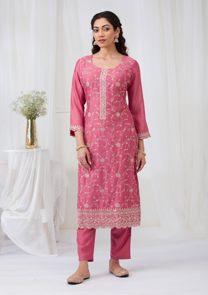 Onion Pink Threadwork Raw Silk Readymade Salwar Suit-Koskii
