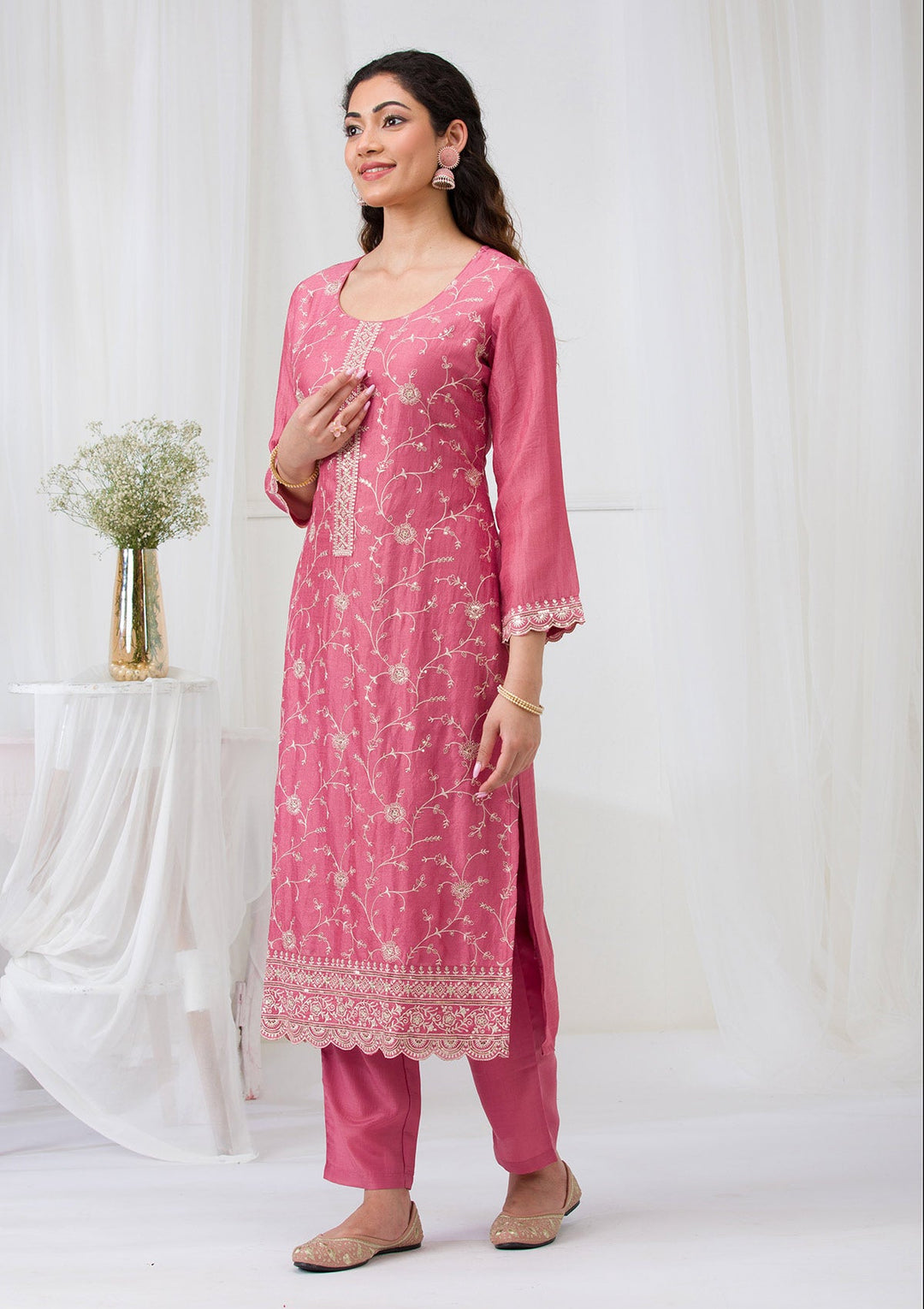 Onion Pink Threadwork Raw Silk Readymade Salwar Suit-Koskii