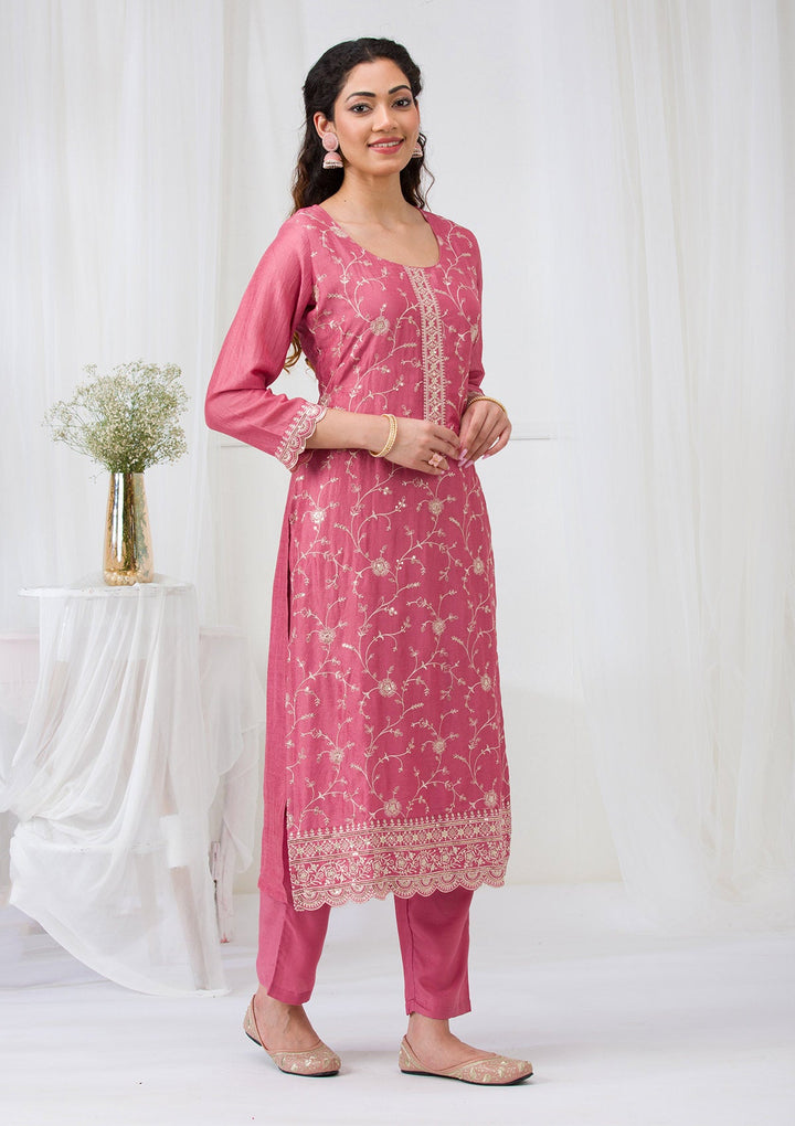 Onion Pink Threadwork Raw Silk Readymade Salwar Suit-Koskii