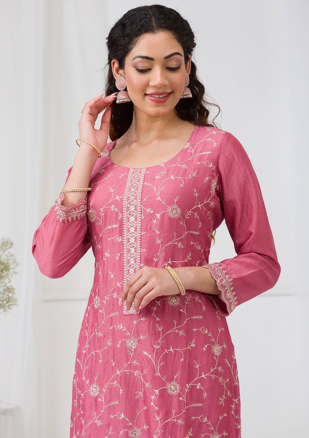 Onion Pink Threadwork Raw Silk Readymade Salwar Suit-Koskii