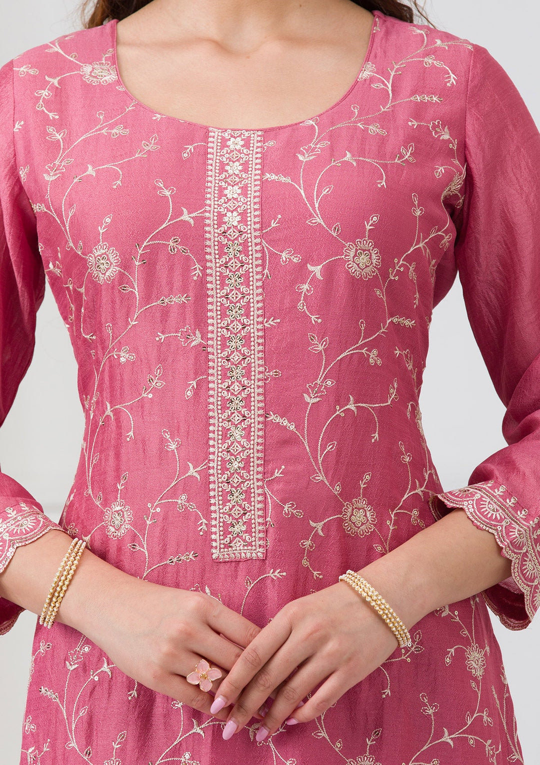 Onion Pink Threadwork Raw Silk Readymade Salwar Suit-Koskii