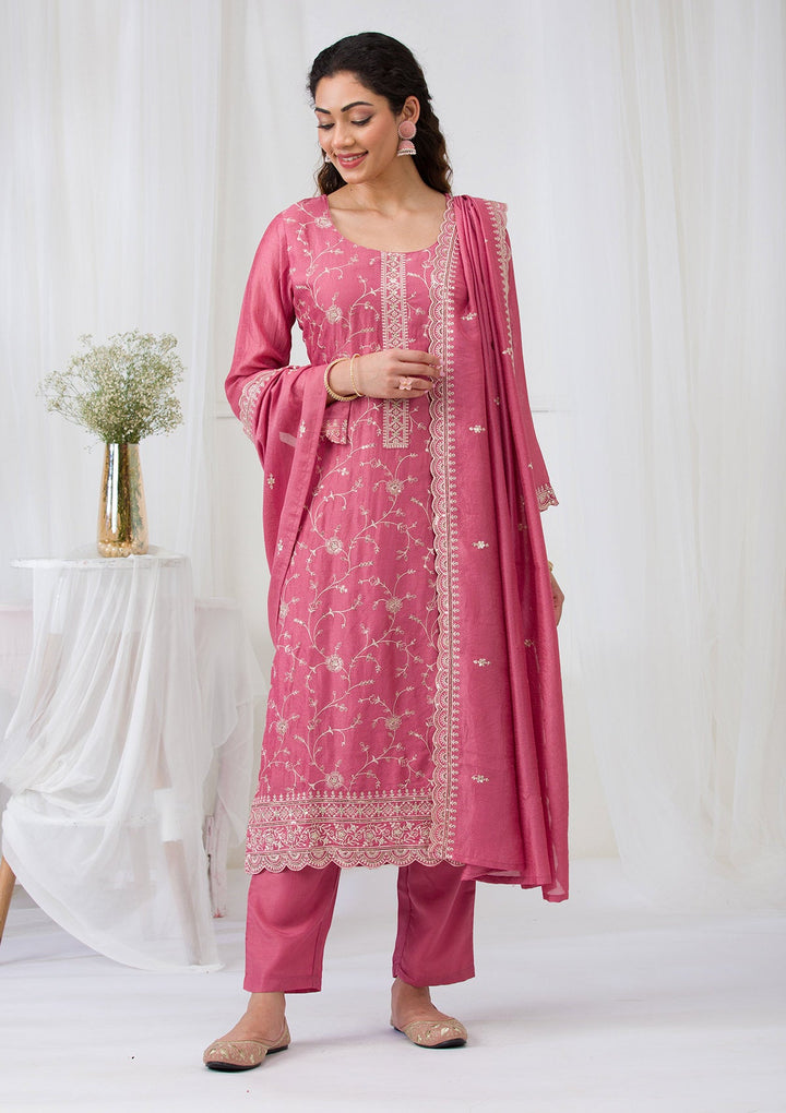 Onion Pink Threadwork Raw Silk Readymade Salwar Suit-Koskii