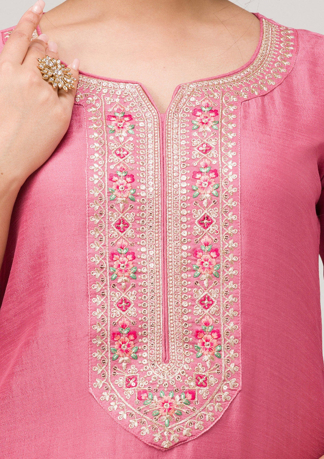 Onion Pink Threadwork Raw Silk Readymade Salwar Suit-Koskii