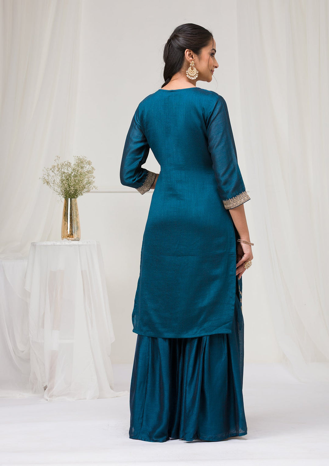 Peacock Blue Zariwork Raw Silk Readymade Salwar Suit-Koskii