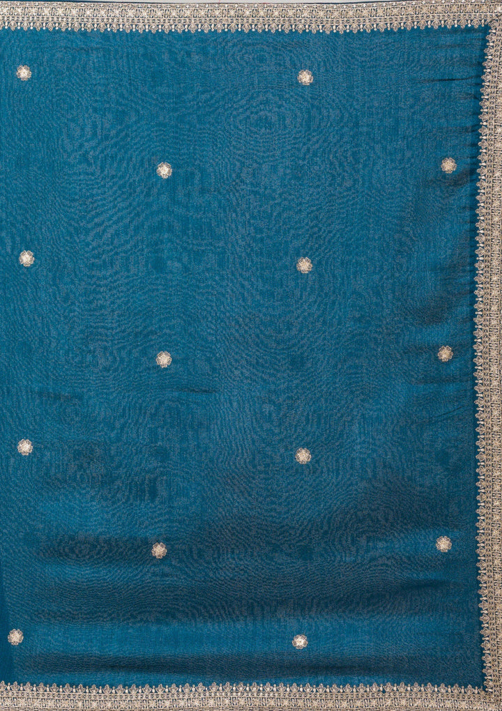 Peacock Blue Zariwork Raw Silk Readymade Salwar Suit-Koskii