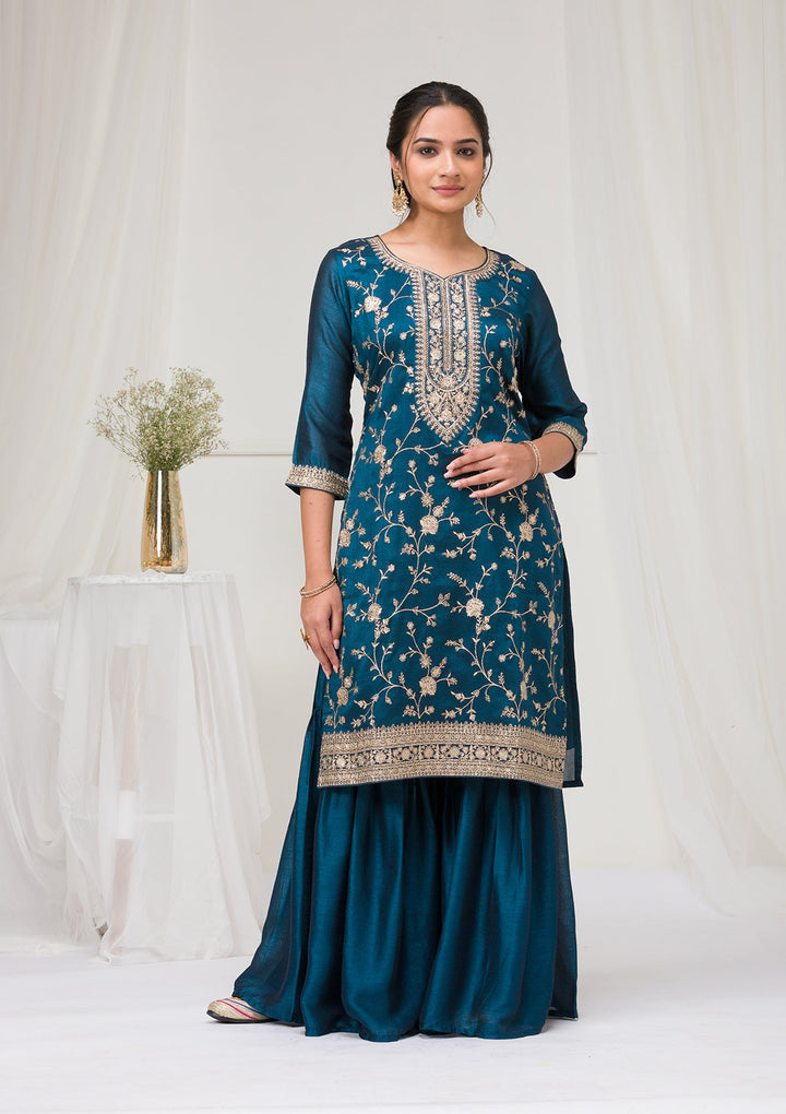 Peacock Blue Zariwork Raw Silk Readymade Salwar Suit-Koskii