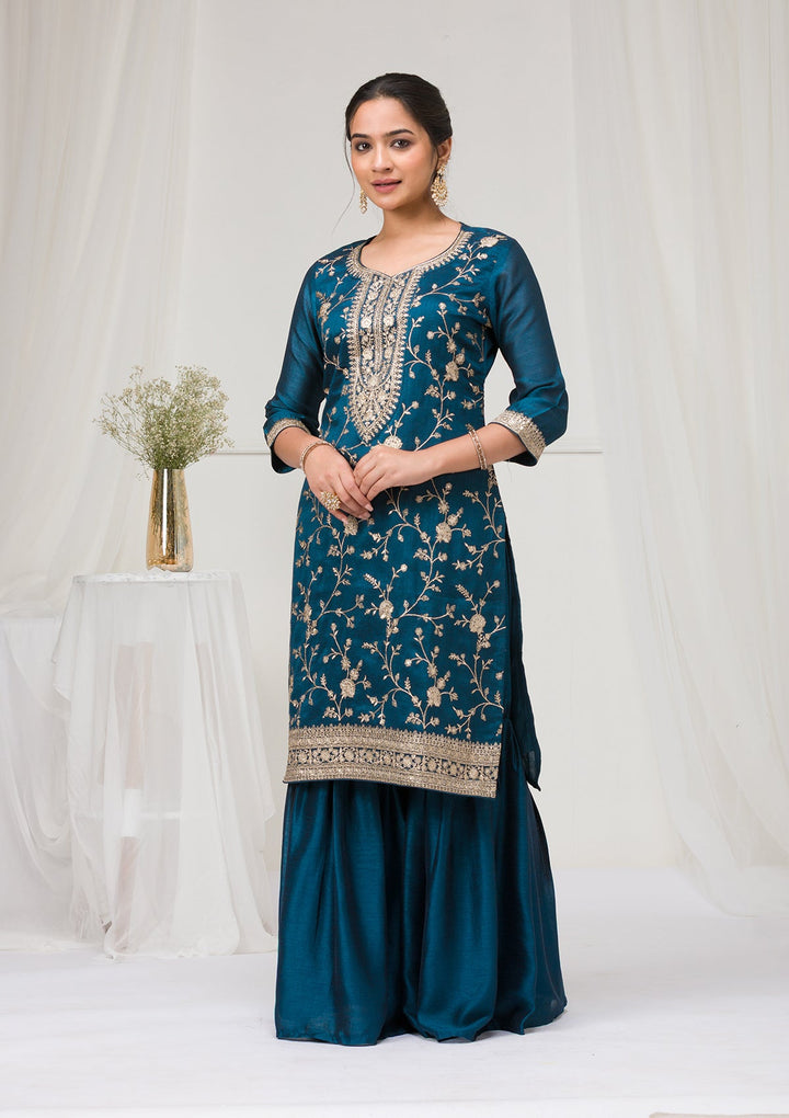 Peacock Blue Zariwork Raw Silk Readymade Salwar Suit-Koskii