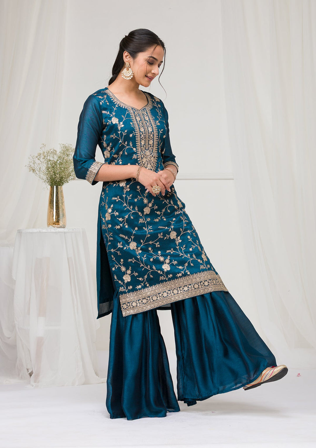 Peacock Blue Zariwork Raw Silk Readymade Salwar Suit-Koskii