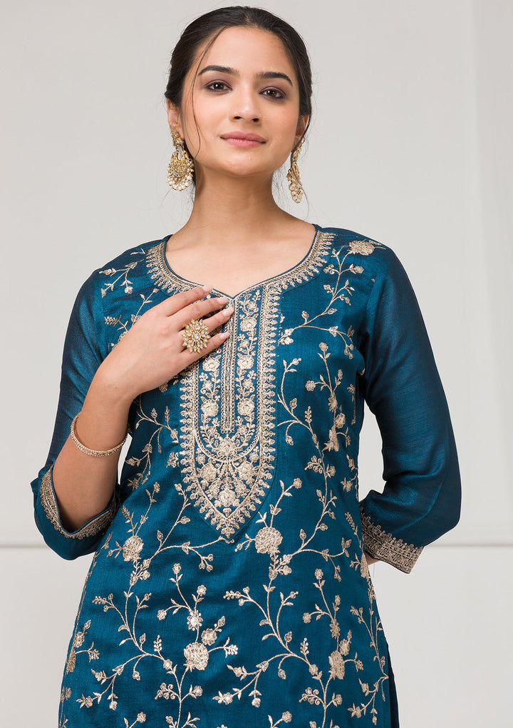 Peacock Blue Zariwork Raw Silk Readymade Salwar Suit-Koskii