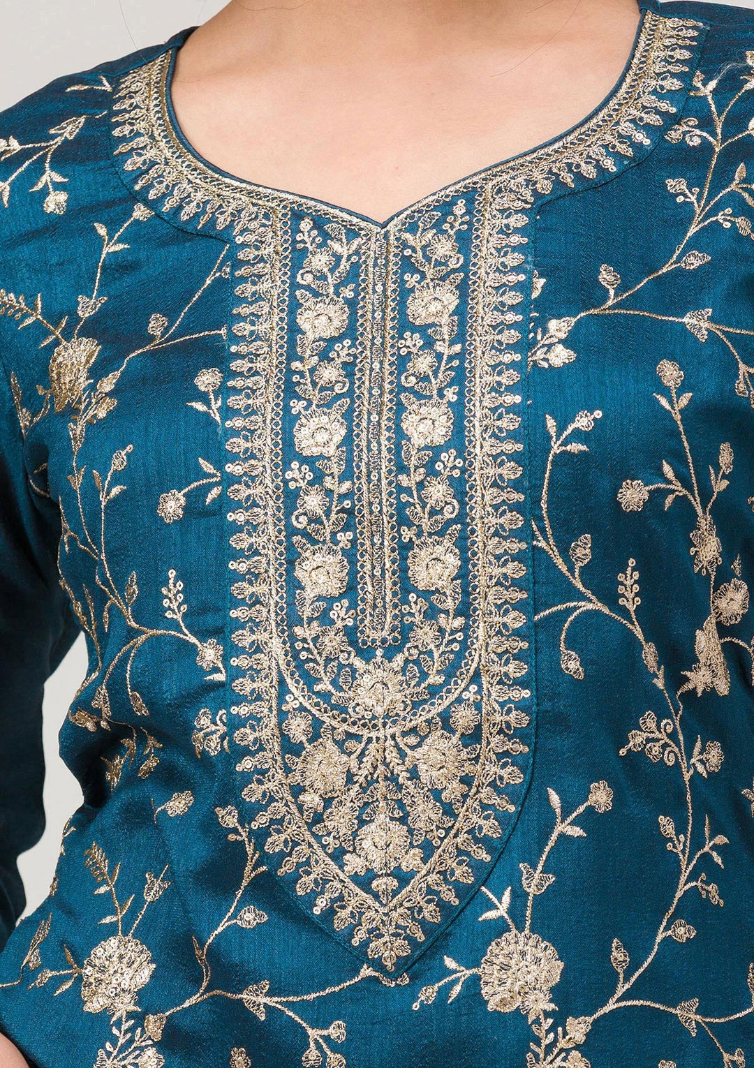 Peacock Blue Zariwork Raw Silk Readymade Salwar Suit-Koskii