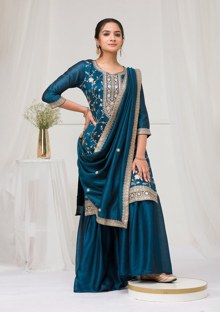 Peacock Blue Zariwork Raw Silk Readymade Salwar Suit-Koskii