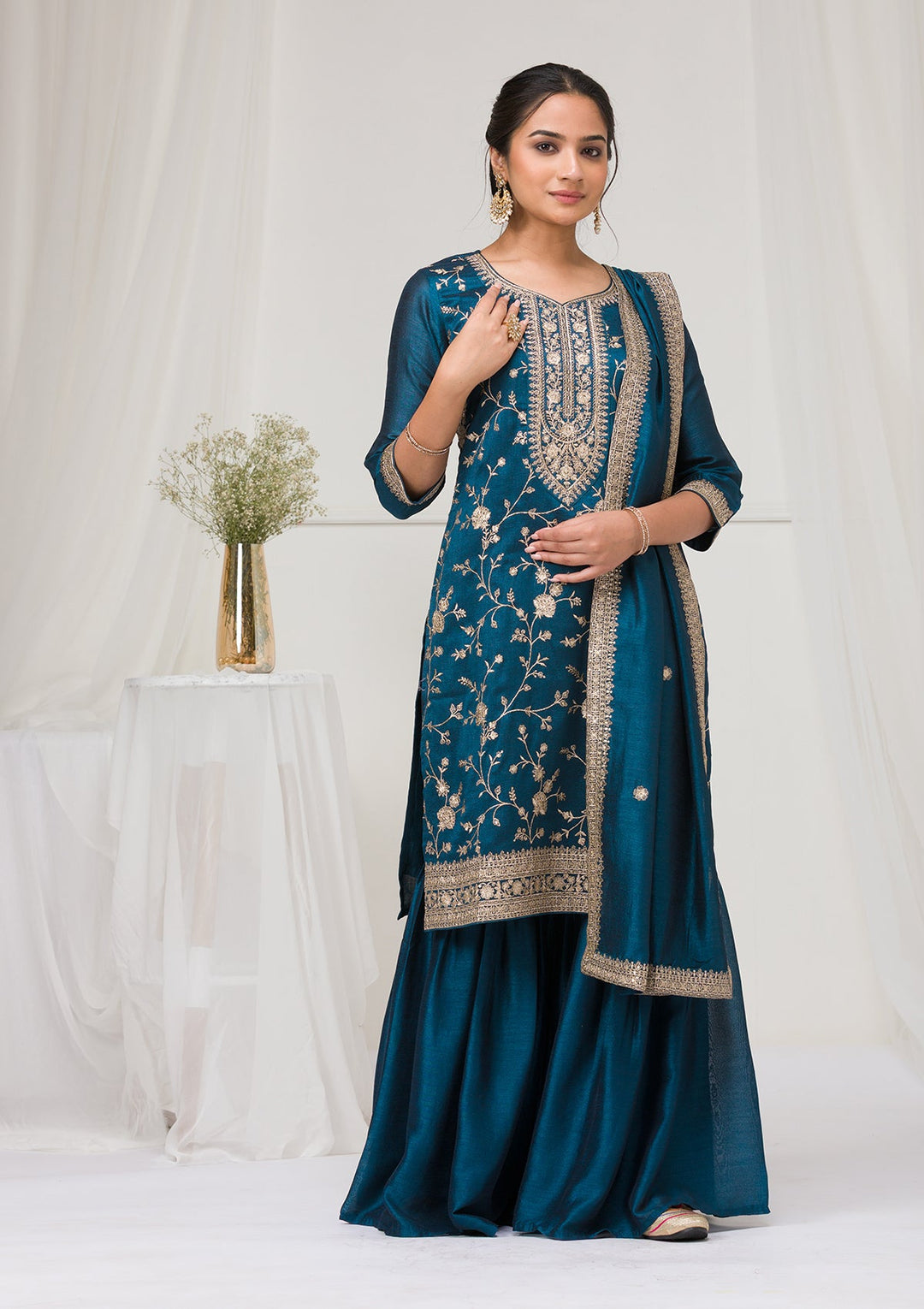 Peacock Blue Zariwork Raw Silk Readymade Salwar Suit-Koskii