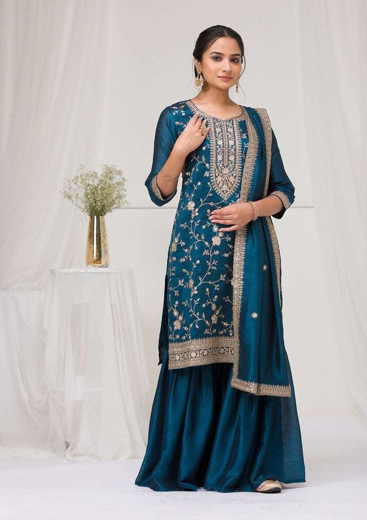 Peacock Blue Zariwork Raw Silk Readymade Salwar Suit-Koskii