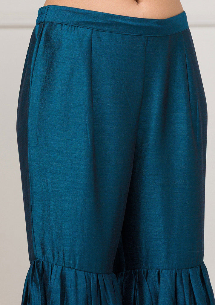 Peacock Blue Zariwork Raw Silk Readymade Salwar Suit-Koskii