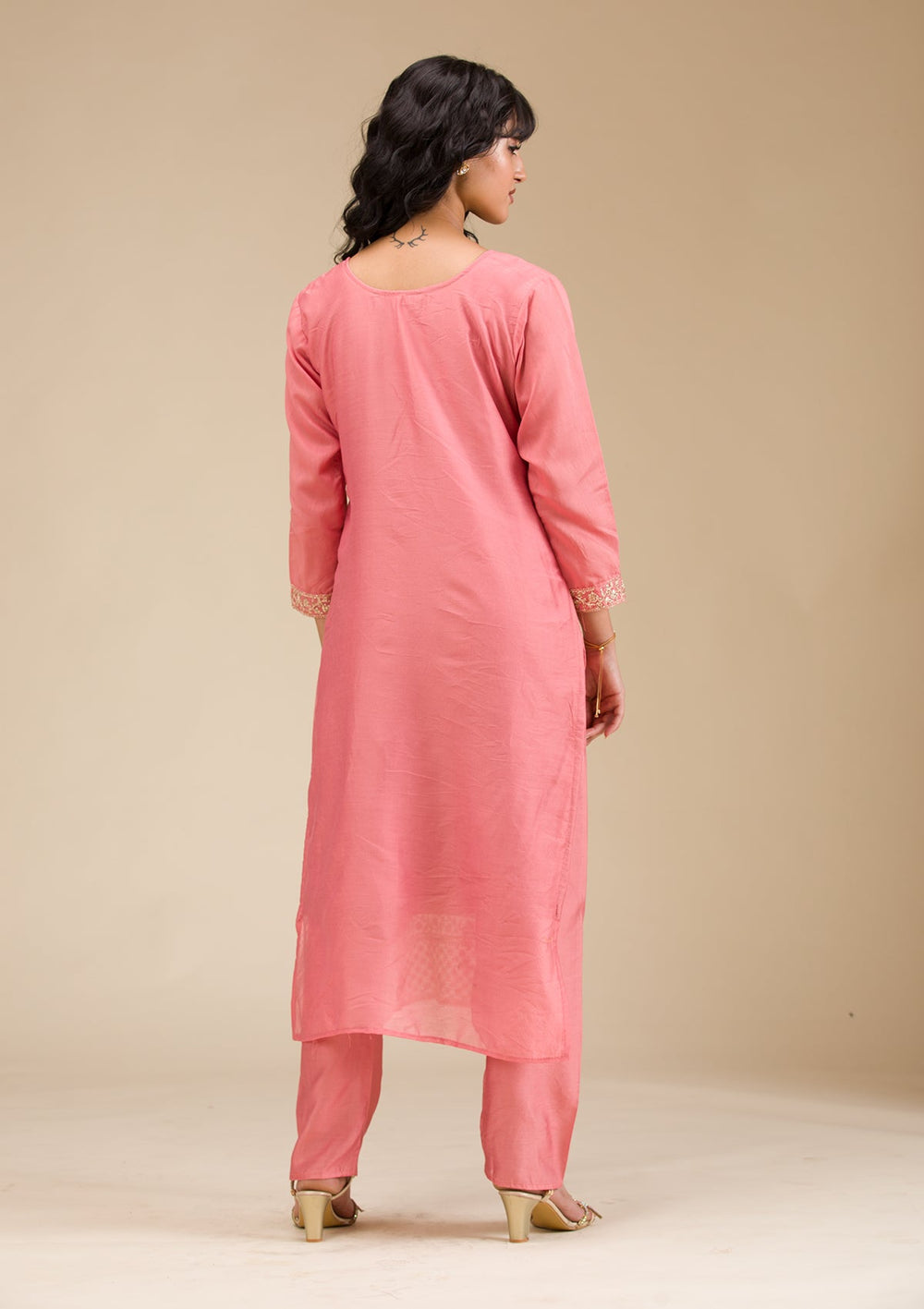 Peach Cording Chanderi Readymade Salwar Suit-koskii