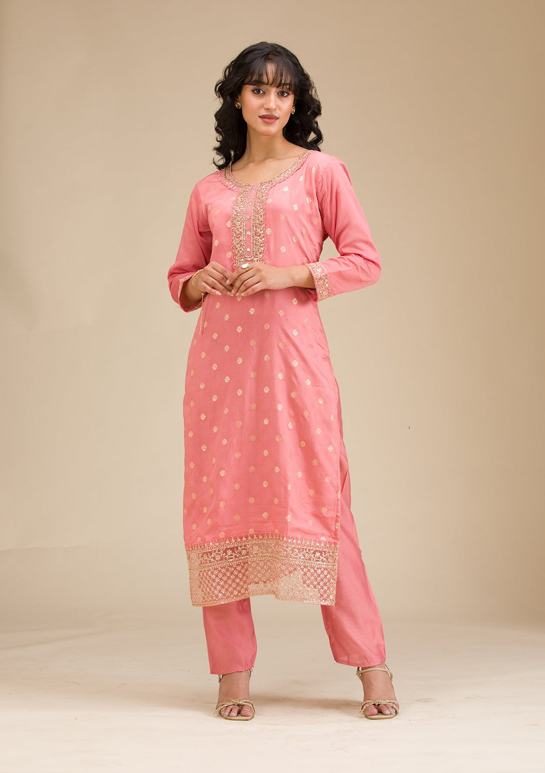 Peach Cording Chanderi Readymade Salwar Suit-koskii
