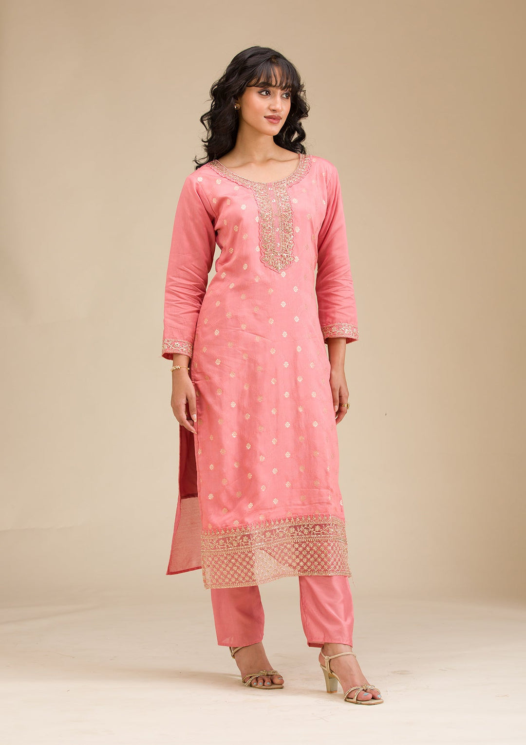 Peach Cording Chanderi Readymade Salwar Suit-koskii