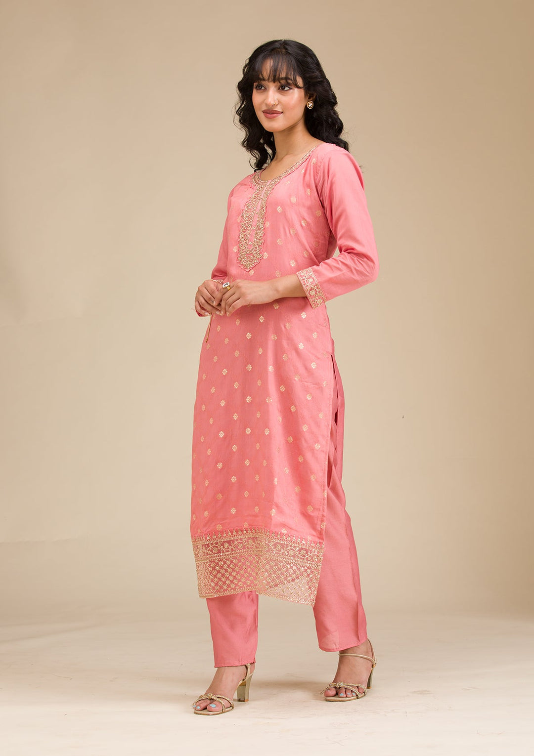 Peach Cording Chanderi Readymade Salwar Suit-koskii