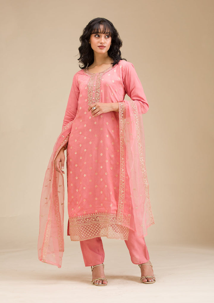 Peach Cording Chanderi Readymade Salwar Suit