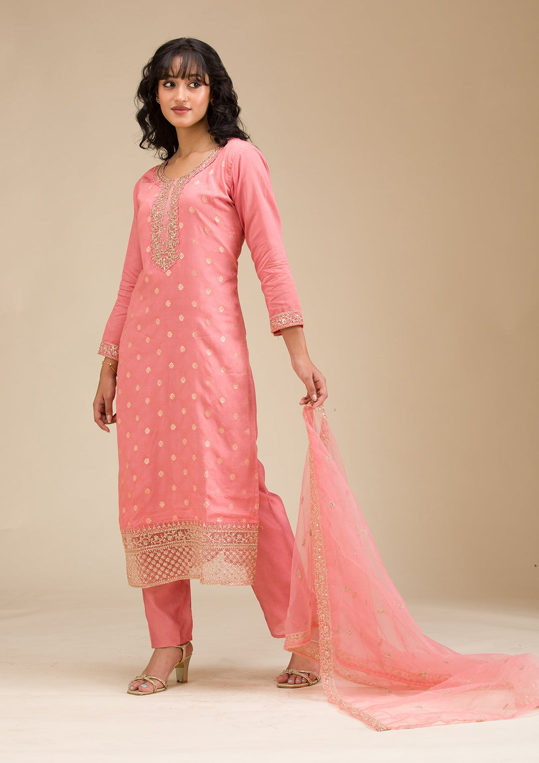 Peach Cording Chanderi Readymade Salwar Suit-koskii