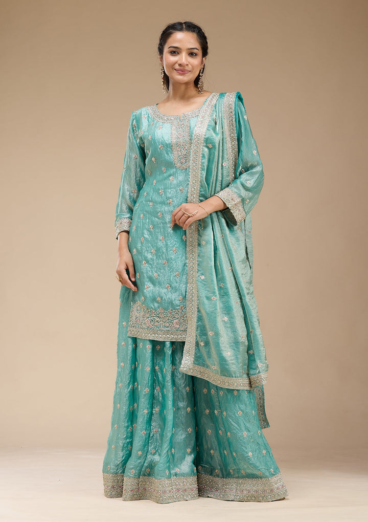 Sky Blue Zariwork (Gold) Tissue Readymade Salwar Suit-koskii
