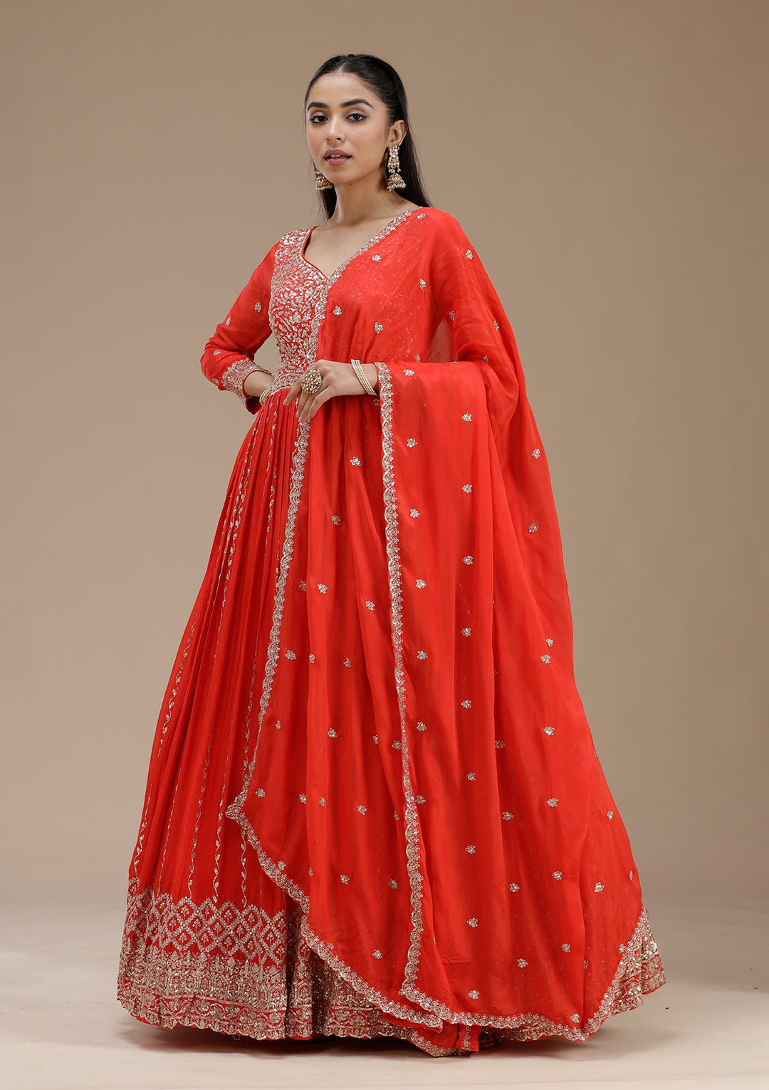 Red Sequins Crepe Readymade Salwar Suit_koskii