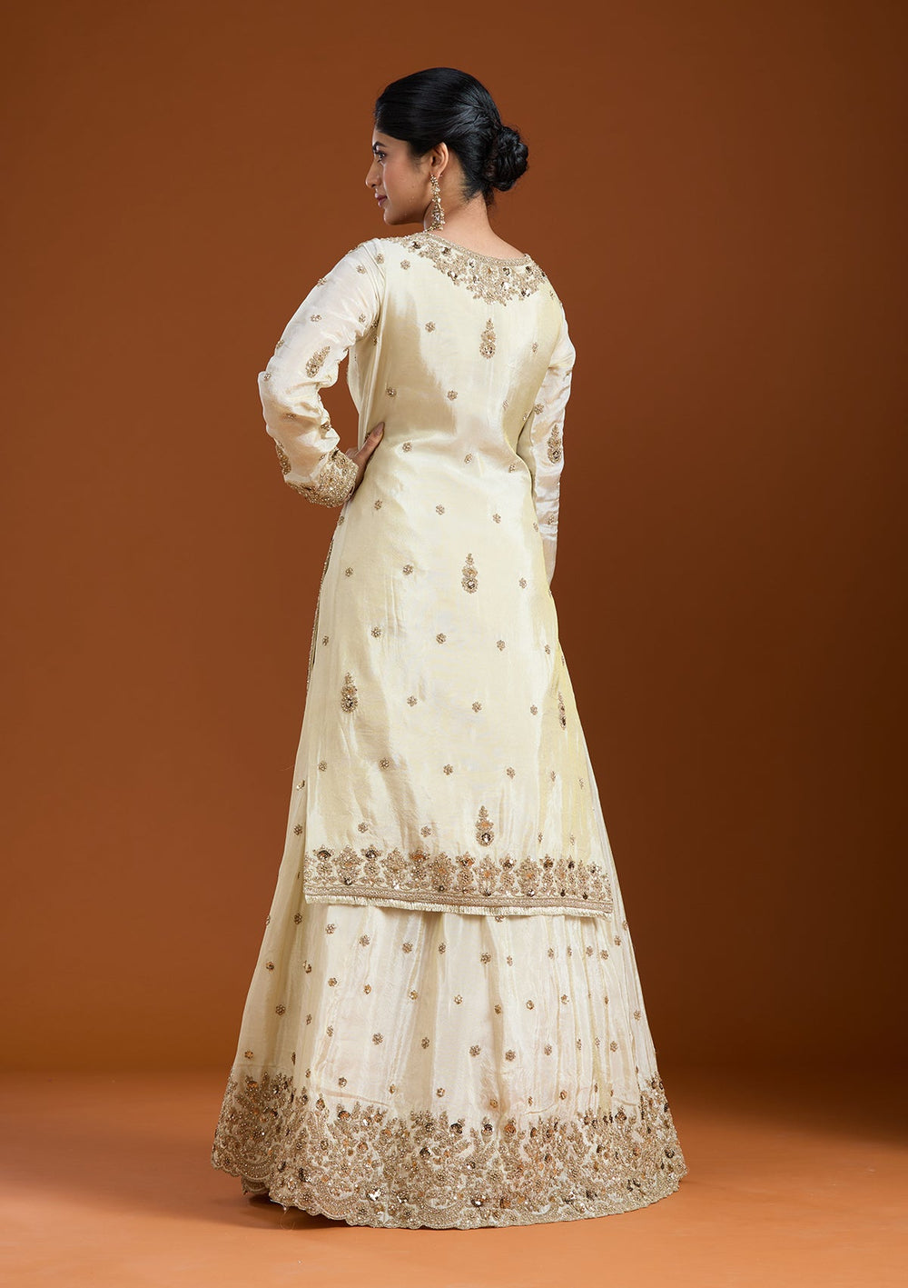 Off White Zariwork (Gold) Raw Silk Readymade Salwar Suit-Koskii