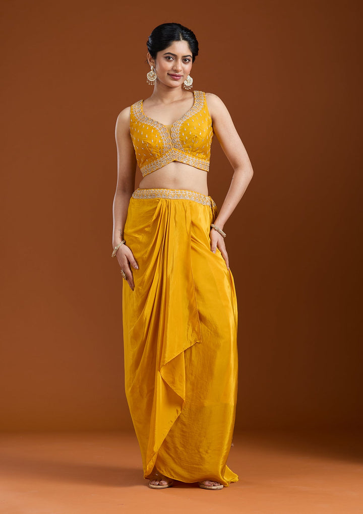 Yellow Zariwork (Gold) Chiffon Readymade Salwar Suit-Koskii