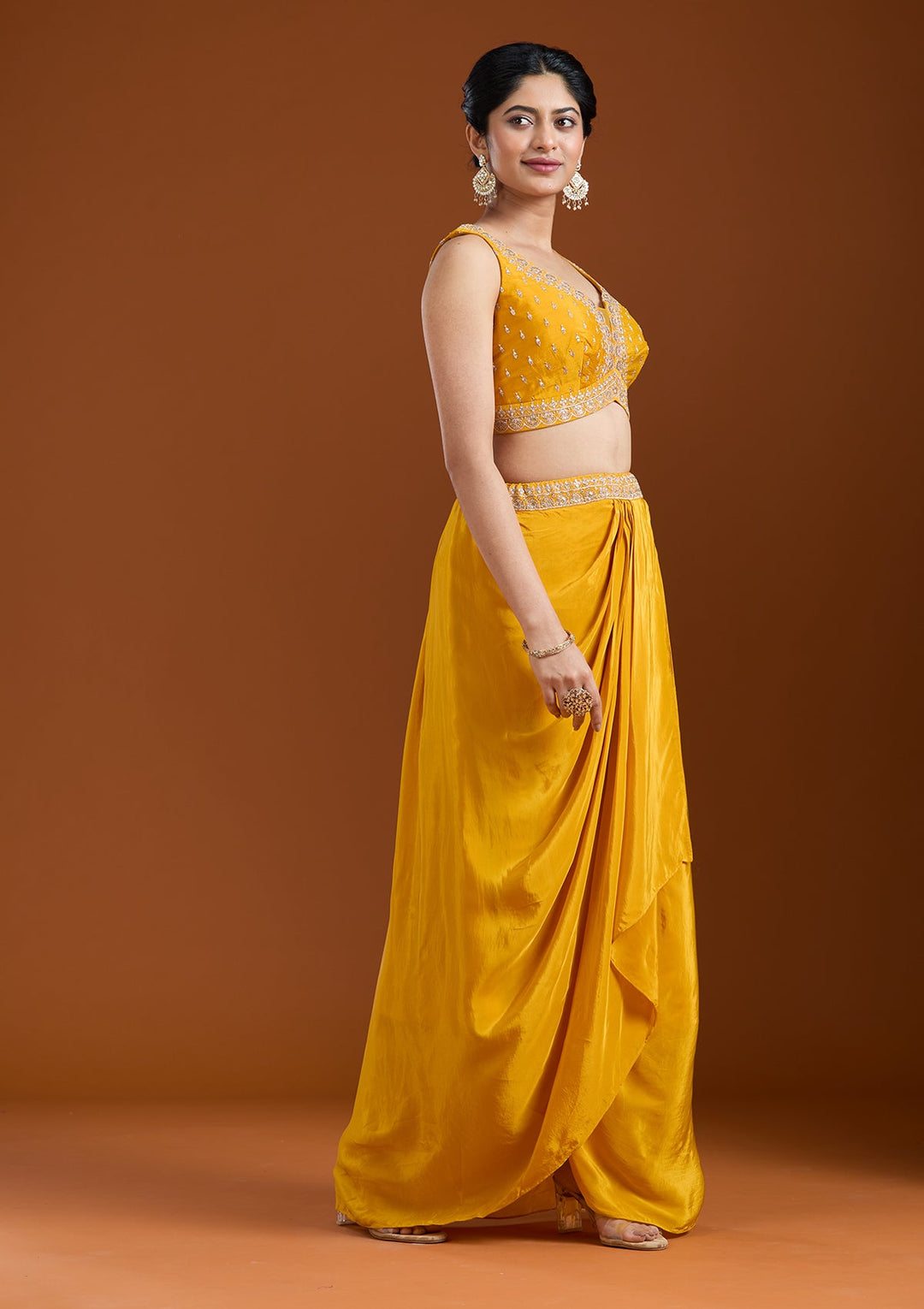 Yellow Zariwork (Gold) Chiffon Readymade Salwar Suit-Koskii