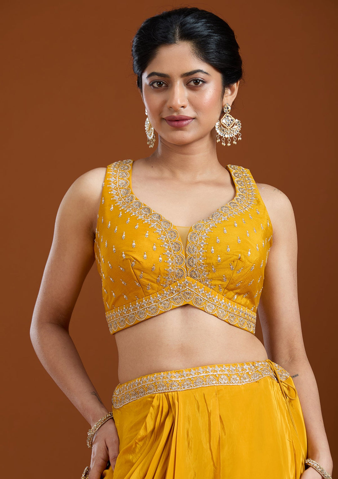 Yellow Zariwork (Gold) Chiffon Readymade Salwar Suit-Koskii