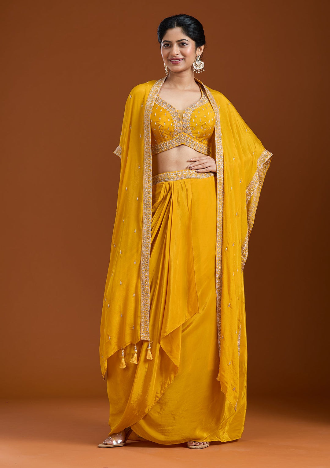 Yellow Zariwork (Gold) Chiffon Readymade Salwar Suit-Koskii
