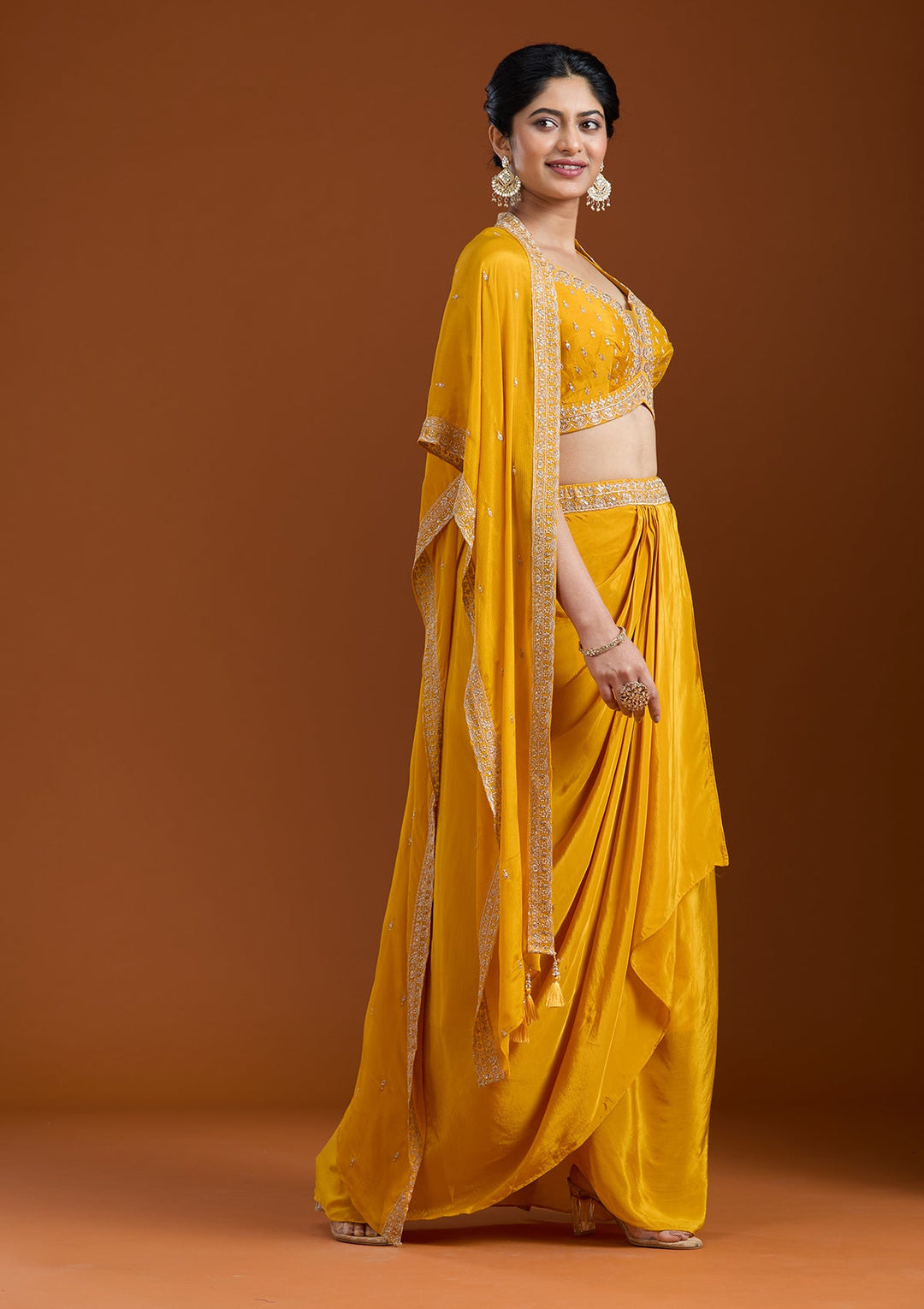 Yellow Zariwork (Gold) Chiffon Readymade Salwar Suit-Koskii