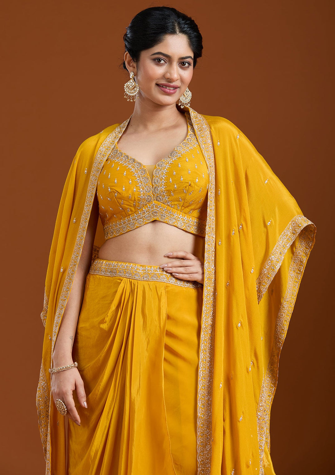 Yellow Zariwork (Gold) Chiffon Readymade Salwar Suit-Koskii