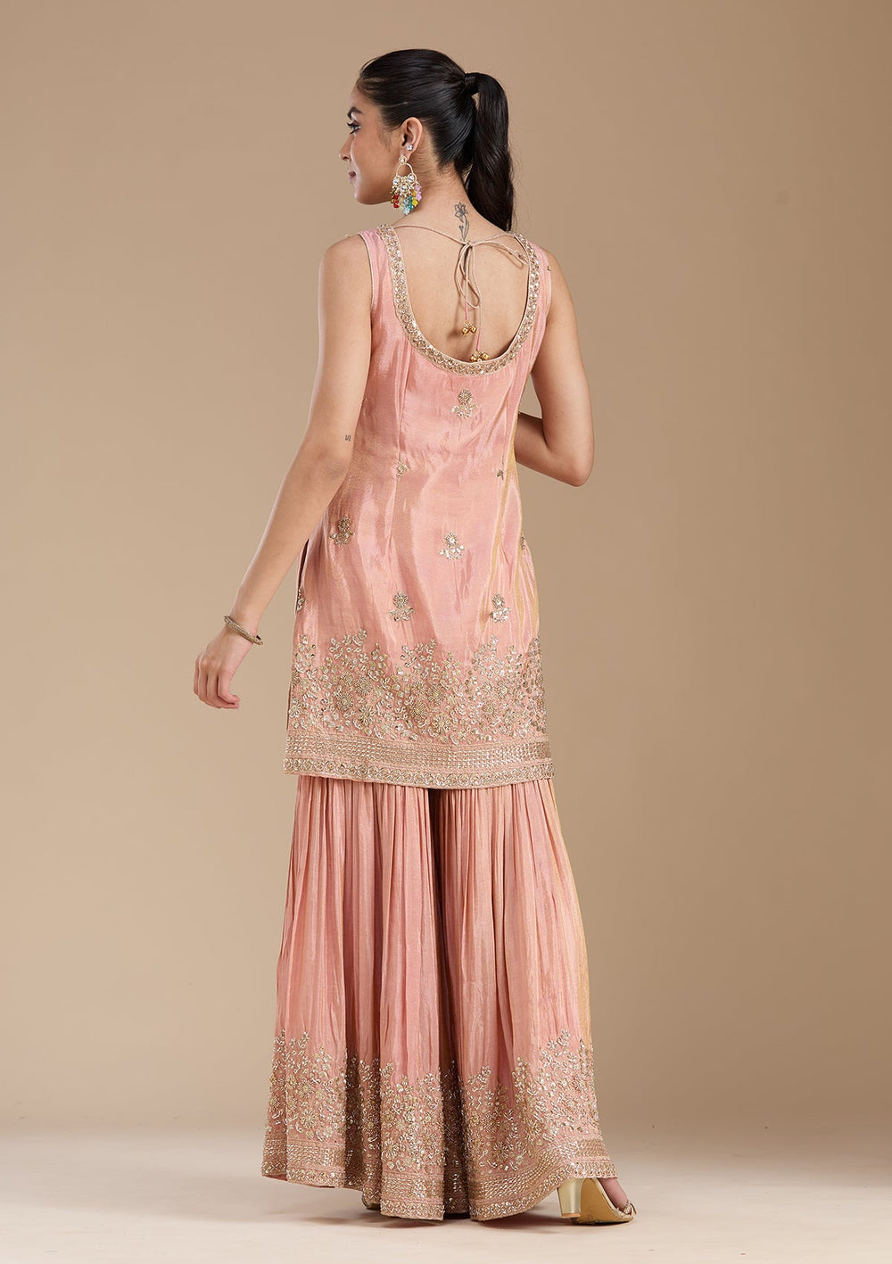 Peach Sequins Tissue Readymade Salwar Suit-koskii