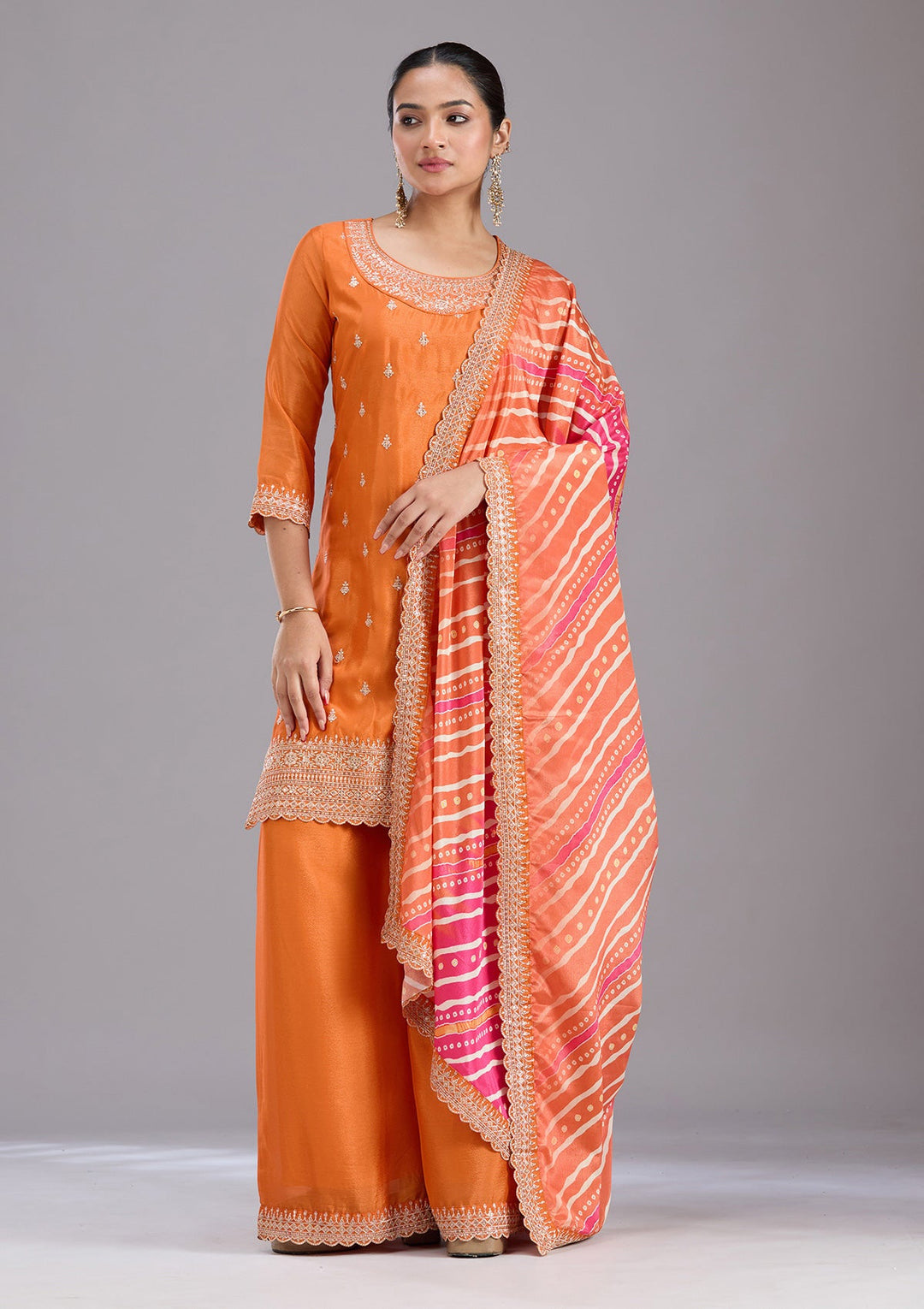 Orange Sequins Soft Raw Silk Readymade Salwar Suit-koskii